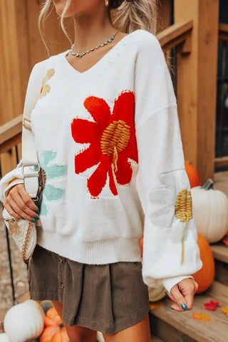 white floral v neck drop shoulder sweater