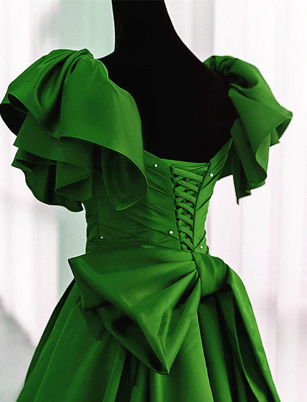 Satin Off Shoulder Long Party Dress A-line Green Prom Dress Ballgown