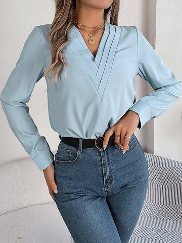 Long Sleeves Loose Pleated Solid Color Split-Joint V-Neck T-Shirts Tops