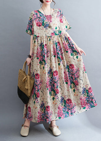 Boho Apricot Oversized Floral Extra großer Saum Baumwolle Urlaubskleid Sommer