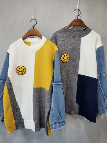 Denim Patchwork Long Sleeve Sweater
