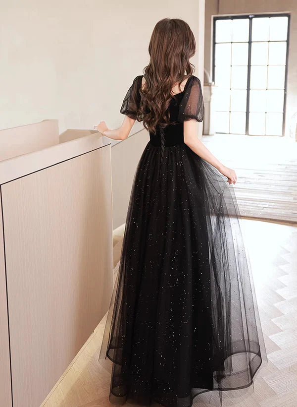 Glitzer A-Linie Prinzessin Tüll und Samt Kurzarm Ballkleid Schwarzes Abendkleid
