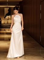 Einfaches Neckholder-Satin-Partykleid Abschlussballkleid Bodenlanges Abendkleid