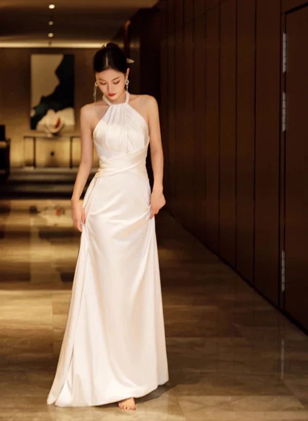 Simple Halterneck Satin Long Party Dress Prom Dress Floor-length Evening Dress