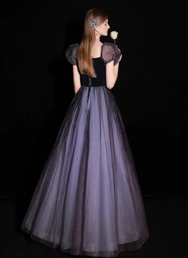 A-Linien Glitzer Ballkleid mit Ballonärmeln aus Tüll und Samt langes Ballkleid