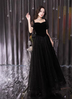 Glitzer A-Linie Prinzessin Tüll und Samt Kurzarm Ballkleid Schwarzes Abendkleid