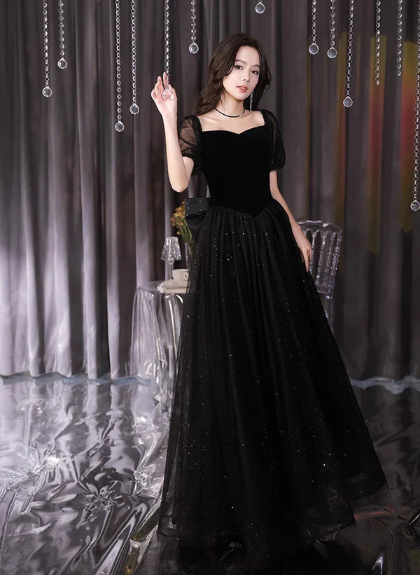Glitzer A-Linie Prinzessin Tüll und Samt Kurzarm Ballkleid Schwarzes Abendkleid