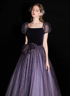 A-Linien Glitzer Ballkleid mit Ballonärmeln aus Tüll und Samt langes Ballkleid