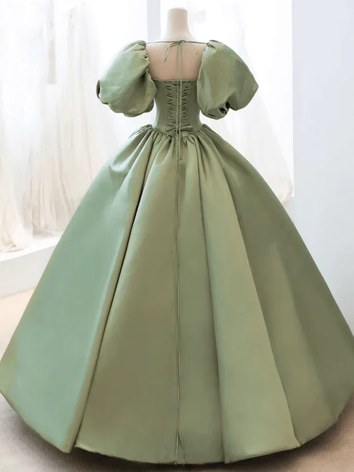A-Line Princess Satin Puffy Sleeves Long Formal Dress Satin Prom Dress Party Dress