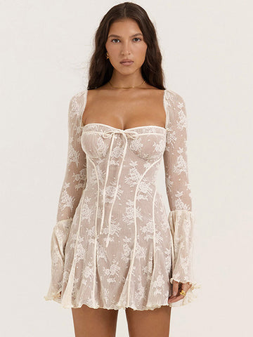 Vestidos Babydoll con vuelo, cuello cuadrado, mangas largas, minivestidos 