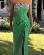 Green Mermaid Beaded Strapless High Slit Satin Dress Prom Dresses