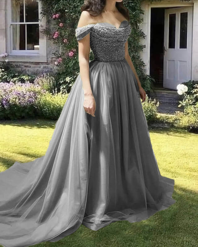 Fließendes Tüllkleid mit schulterfreiem Rockteil, Perlenbesatz und Wasserfallausschnitt, Ballkleid/Abendkleid