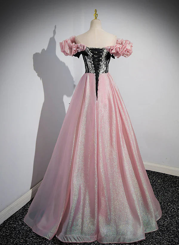 Elegant A-line Off Shoulder Long Evening Dress Pink with Black Lace Long Prom Dress