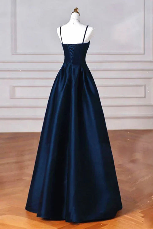 A-Line Simple Navy Blue Satin Straps Long Prom Dress Party Dress