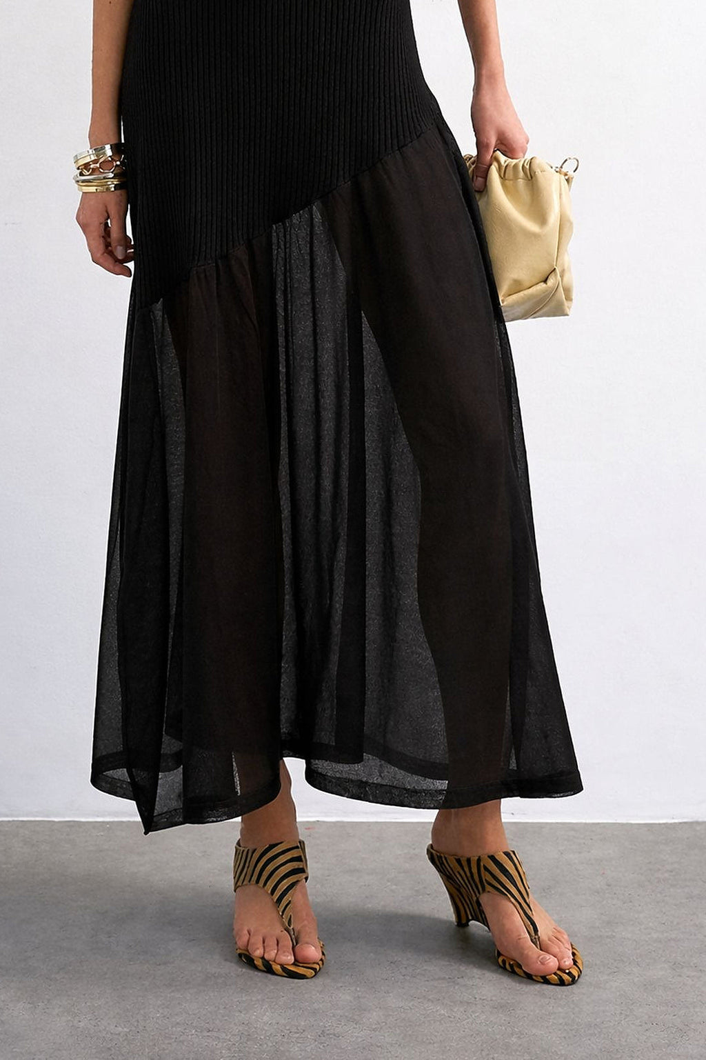 Ribbed Knit Mesh Splice Maxi Dress