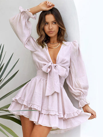 Shirt Dresses Pink V-Neck Ruffles Long Sleeves Polyester Dresses Mini Dresses