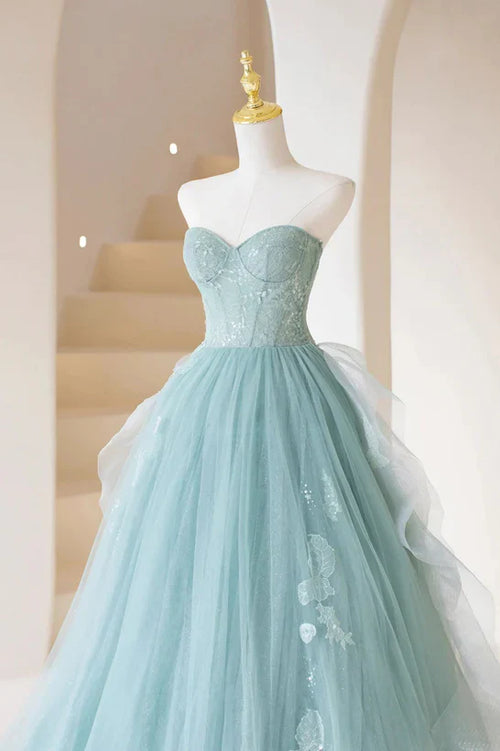 A-line Tulle Strapless Long Prom Dress Tulle Formal Evening Dress