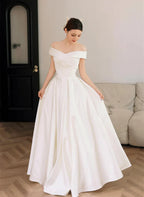 A-Linien-Prinzessinnenkleid, weiß, schulterfrei, schlicht, aus Satin, für Hochzeit, Party oder Abschlussball