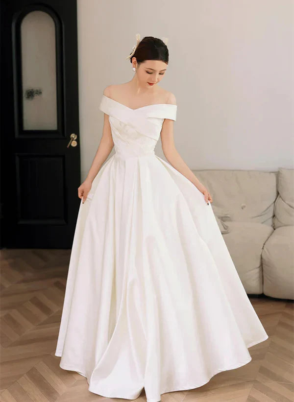 A-Linien-Prinzessinnenkleid, weiß, schulterfrei, schlicht, aus Satin, für Hochzeit, Party oder Abschlussball