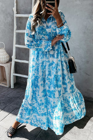 Vestido largo de manga larga con cuello en V y estampado floral 