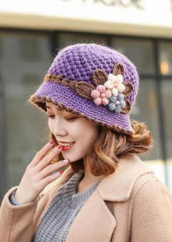 Gestrickte Damen Herbst und Winter Klassischer Plüsch-Eimerhut mit Blumenmuster 