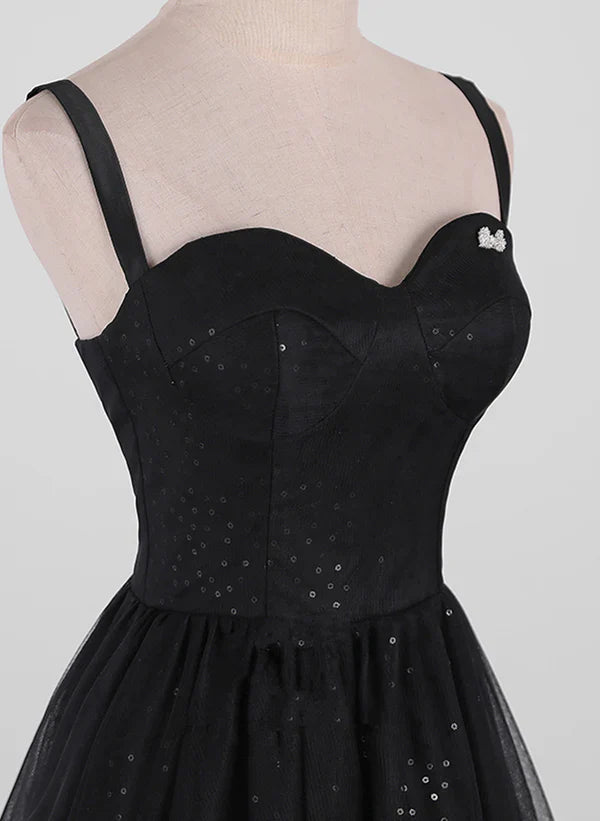 Vestido de noche largo sencillo con tirantes de tul, lentejuelas/brillos y corte en A para fiesta de graduación