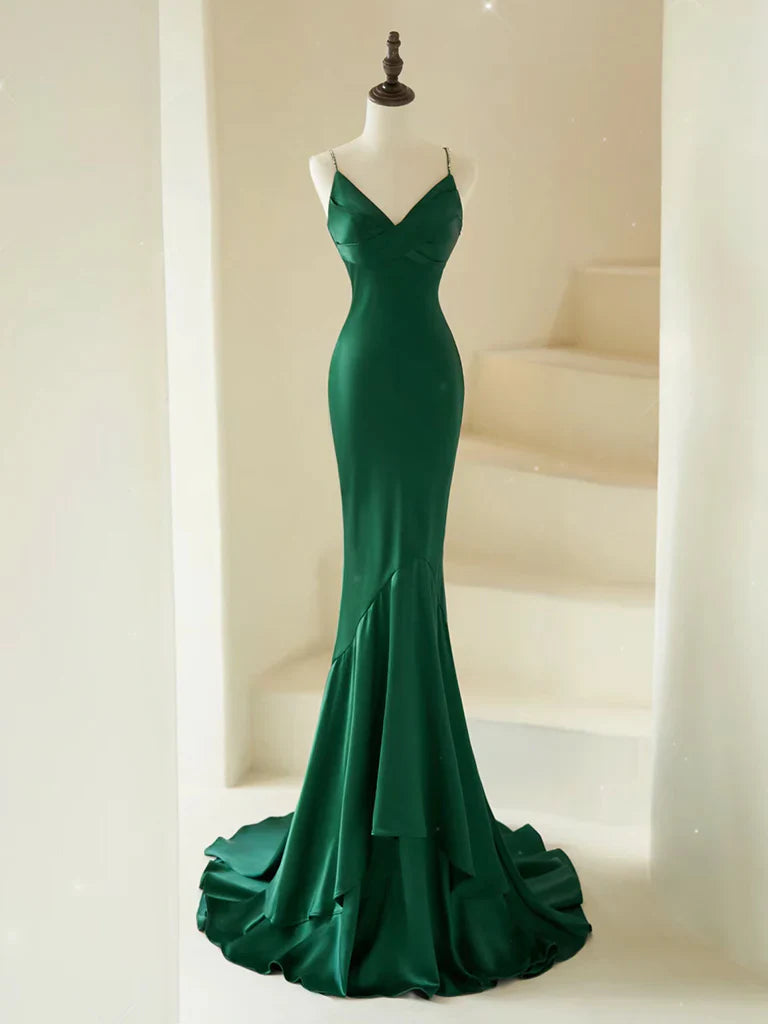 Meerjungfrau V-Ausschnitt Satin Langes Ballkleid Abendkleid mit Schleppe