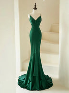 Meerjungfrau V-Ausschnitt Satin Langes Ballkleid Abendkleid mit Schleppe