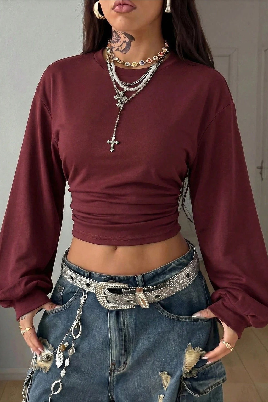 Y2K Lantern Sleeve Crop Sweatshirts