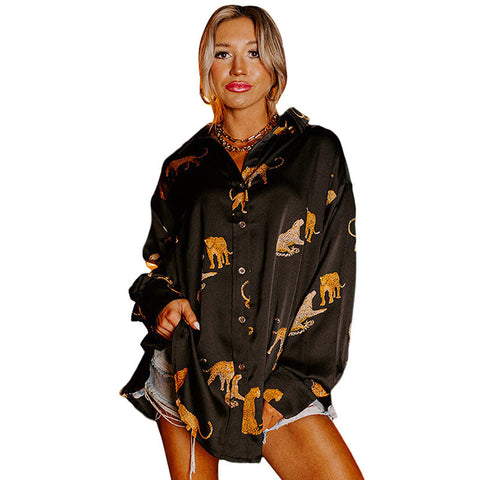 Autumn Solid Color Satin Long Sleeve Cardigan – Women's Thin Personalized Animal Print Shirt