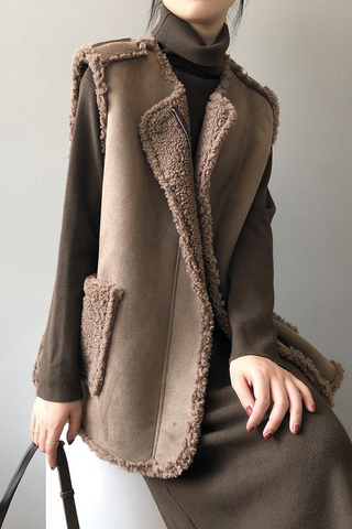 Chalecos casuales de cuello redondo con bolsillos y patchwork 