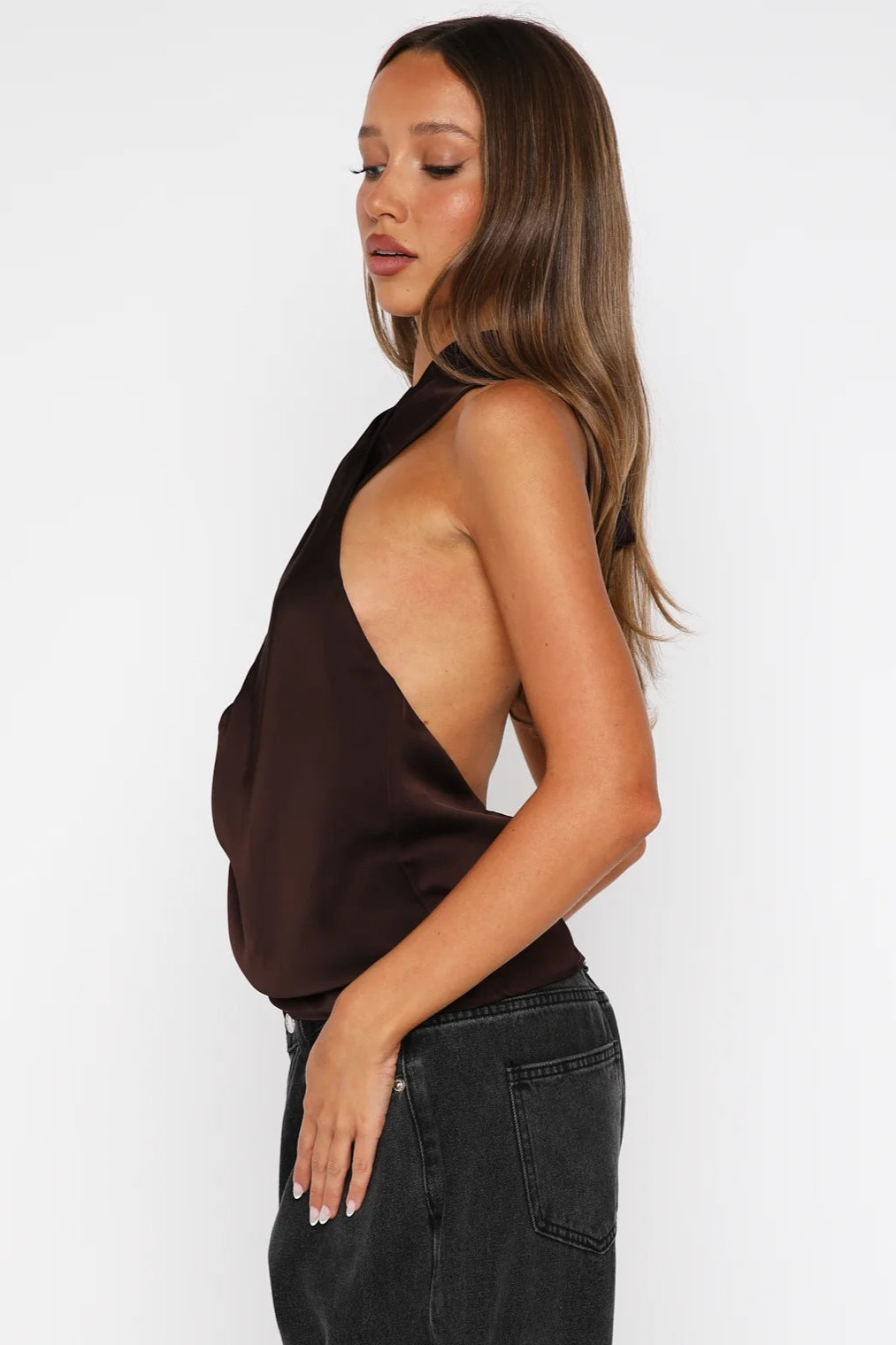 Elegant Hollow Solid Satin Halter Top