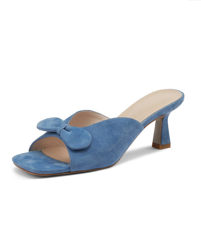Edle High Heel Sandalen aus blauem Wildleder mit Schleife 
