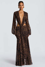 Leopard Mesh Hollow Deep V Sexy Maxi Dress