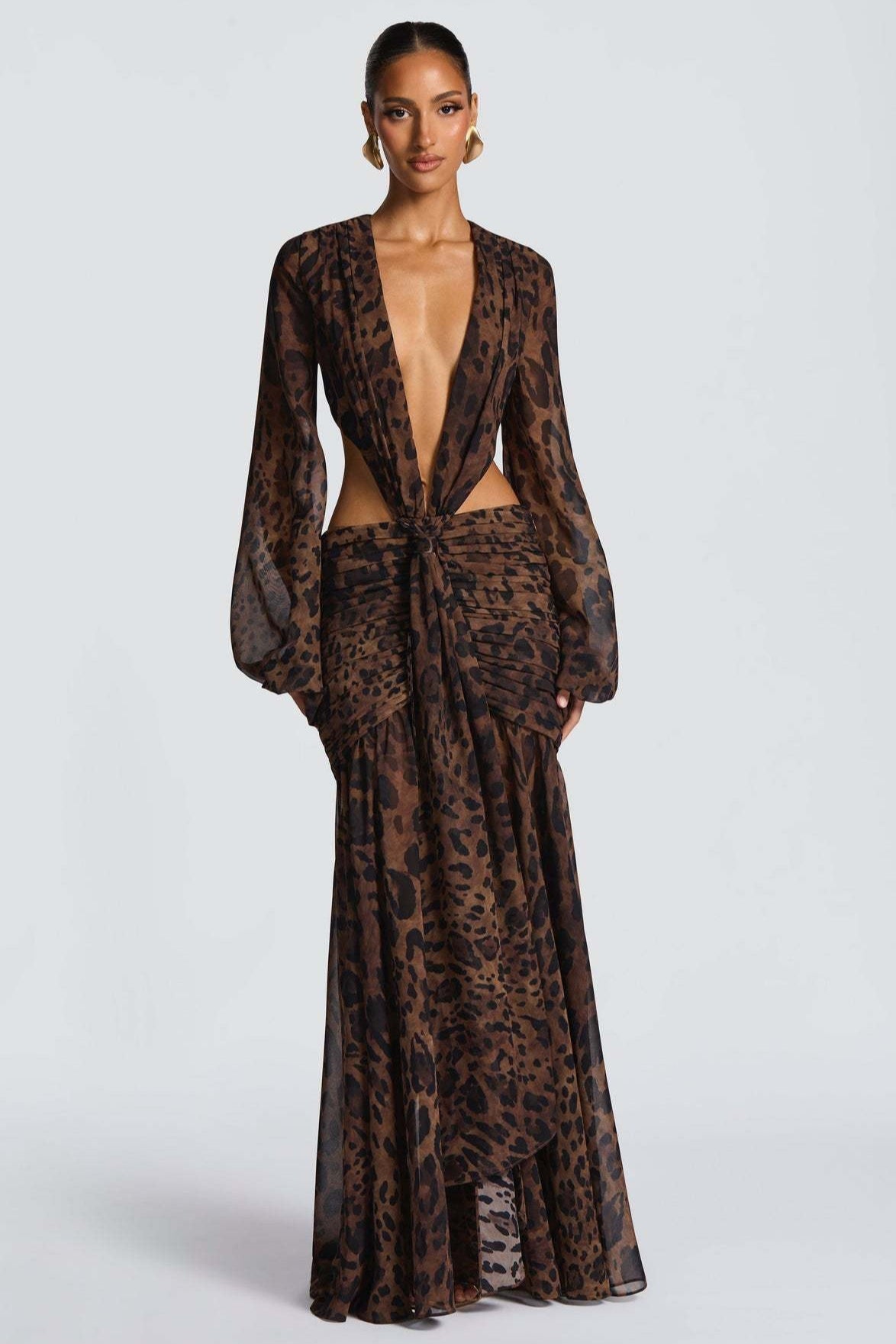Leopard Mesh Hollow Deep V Sexy Maxi Dress