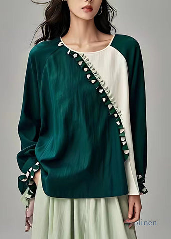 Pre sale - shipping in 30 days/New Green O-Neck Ruffled Patchwork Linen Tops Long Sleeve