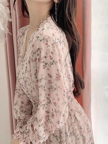 Classic Floral Ruffle Chiffon Dress-Pink