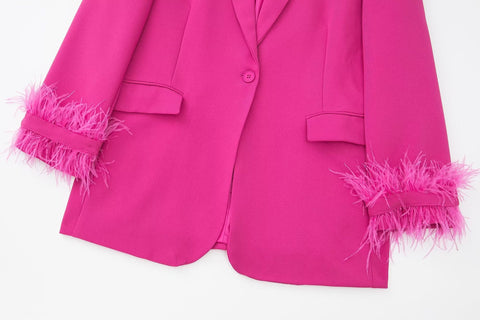 Conjunto de chaqueta y pantalón recto con decoración de plumas salvajes para mujer de otoño 