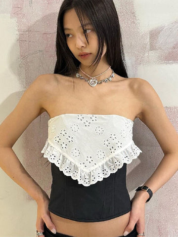 TARUXY Splice Lace Crop Tops Damen Bodycon Sexy Off the Shoulders Ärmelloses Tank Top Damen Club Slim Hollow Out Kleidung 2023 