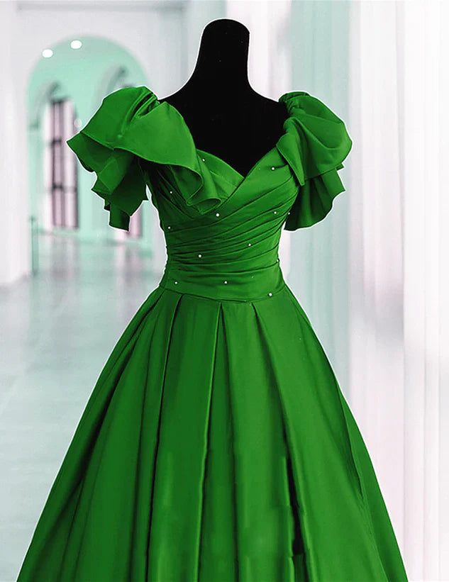 Satin Off Shoulder Long Party Dress A-line Green Prom Dress Ballgown