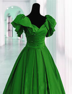 Satin Off Shoulder Long Party Dress A-line Green Prom Dress Ballgown