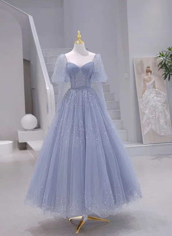 Glitzerndes Tüll-Abendkleid mit kurzen Ärmeln, langem Sweetheart-Ausschnitt, A-Linie, Blaues Ballkleid