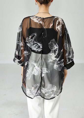 Boho Schwarz Oversized Print Tüll UPF 50+ Tops Armband Ärmel 