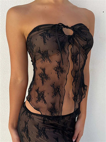 Bustiers de encaje, corsés sin tirantes, hombros descubiertos, tops de tubo, fiesta, malla transparente, camiseta de tirantes, mini chaleco de verano 2024, nuevo 