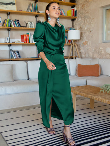 Vestido midi de satén Ximena de manga larga - Esmeralda 