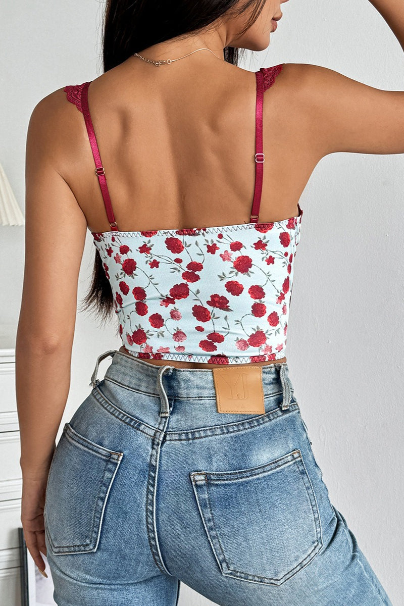 Rose Print Lace Bustier Tie Slim Cami Top