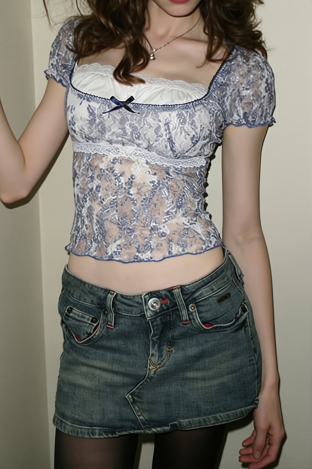 Lace Floral Mesh Fake Two Piece Blouse