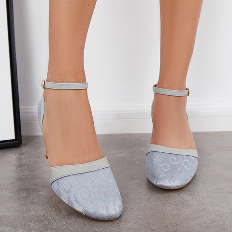 Closed Toe Block Heel Lace Satin Pumps Ankle Strap Wedding Shoes
