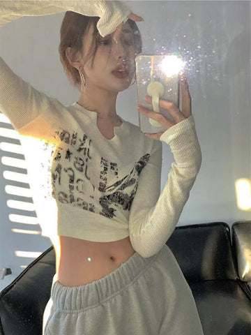 Top corto de manga larga, ropa grunge, camiseta vintage con letras, ropa estética, estilo coreano, top ajustado elegante de otoño Y2K, ropa de calle 