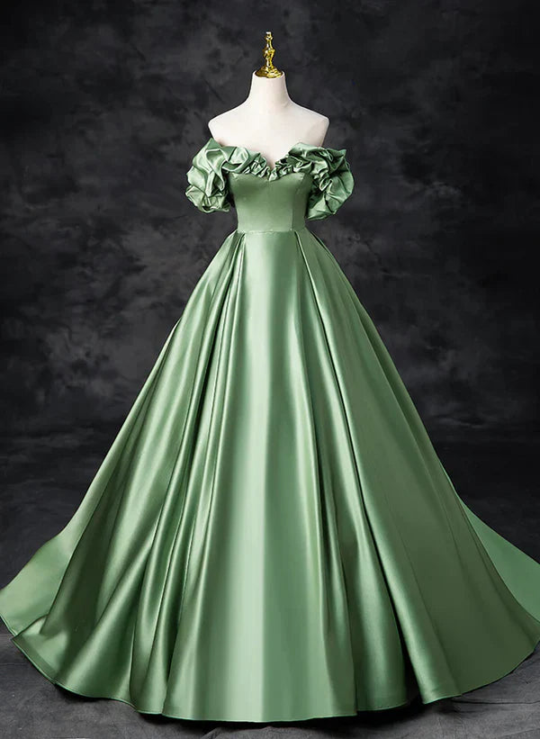 Satin schulterfreies langes Partykleid A-Linie Grünes Ballkleid Quinceañera-Kleid
